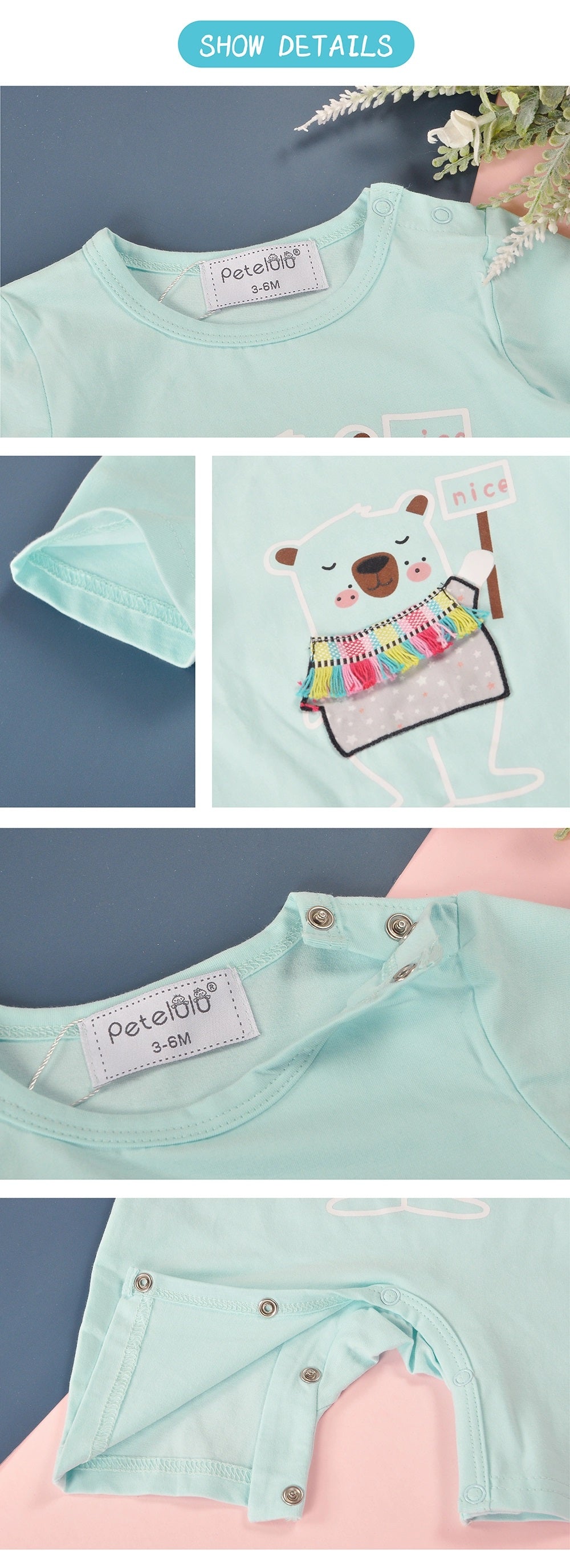 Baby Bear Short Cotton Romper with Cute Embroidery Applique