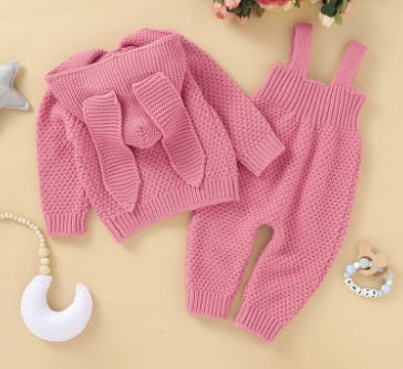 Bunny Knit Hoodie And Pants Set For Babies
