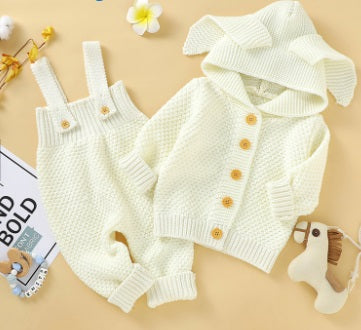 Bunny Knit Hoodie And Pants Set For Babies