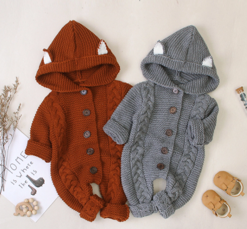 Baby fox warm long sleeves cable knit romper