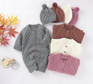 Baby's warm long sleeves knit romper with hat set